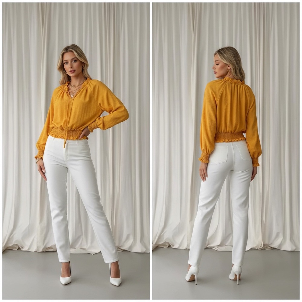 Andthewhy Mustard Smocked V-Neck Blouse top size m